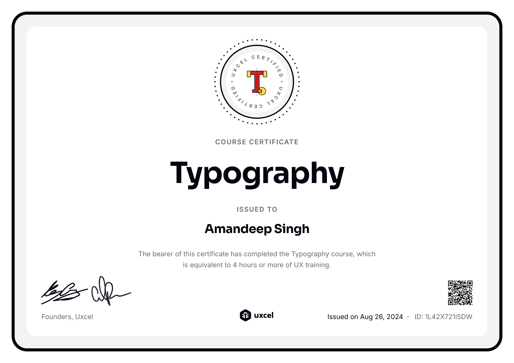 Amandeep Singh's certificate